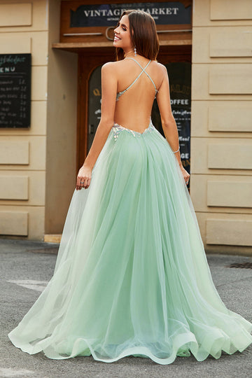 A-Line Scollo a V Pavimento-Lungo in rilievo Tulle Verde chiaro Prom Dress con spacco